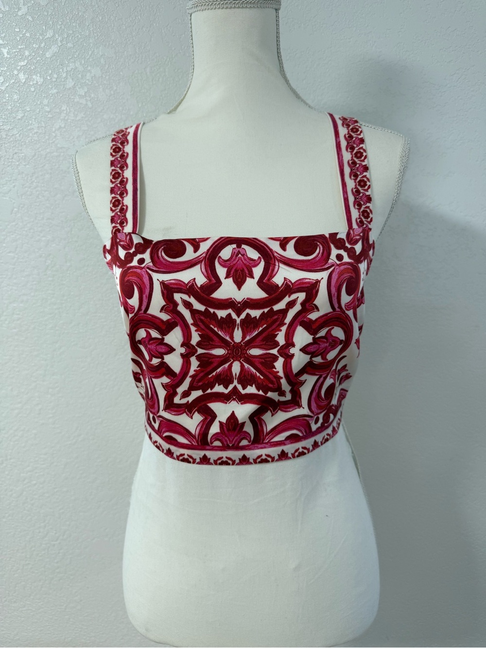 RACHEL ZOE Red White Floral Square Neck Smocked Back Crop Tank Top Women S